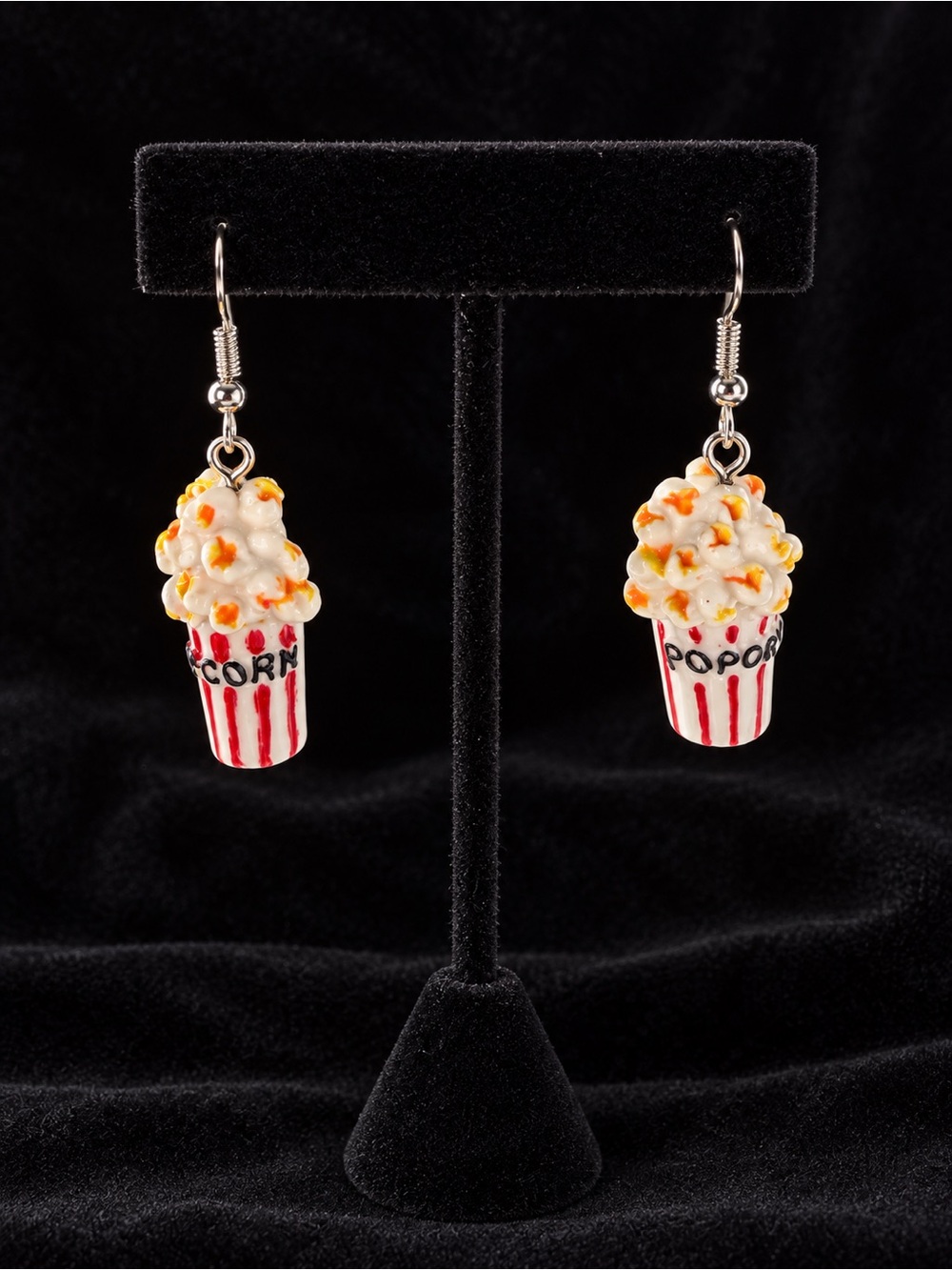 Fun Popcorn Bucket Dangle Earrings in White & Red